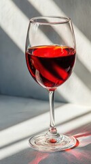 Red Wine Glass Filled with Deep Red Wine on White Surface with Shadow and Light