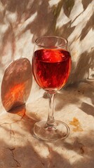 Red Wine Glass on Marble Surface with Sunlight and Shadow Effect
