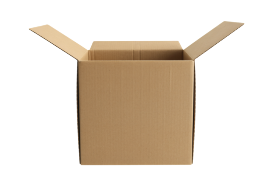 Open cardboard box with flaps unfolded ready for packaging and shipping, perfect for e-commerce deliveries and product presentations