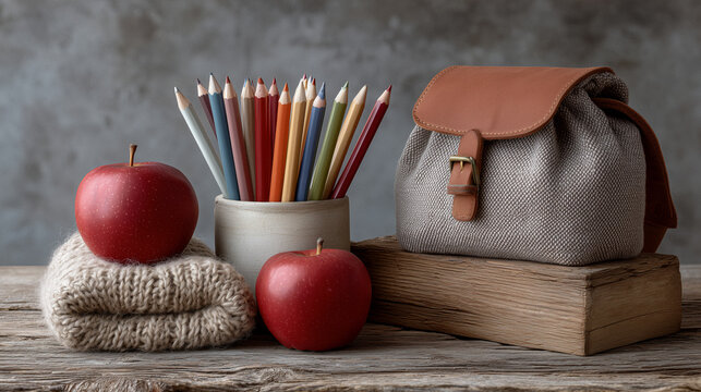 Stillleben mit Buntstiften, Apfel und Schulutensilien – Symbol für Lernen und Bildung - Powered by Adobe