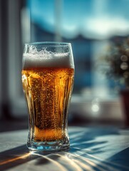 Tall Glass of Cold Beer with Bubbles and Foam on a Sunlit Table in Modern Indoor Setting