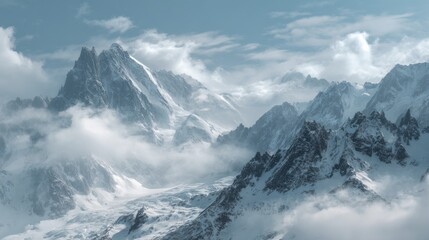 Majestic Snow-Capped Peaks Under Soft Clouds in a Dreamy Mountain Landscape with Dramatic Blue Sky and Misty Atmosphere Surrounding the Rocky Summits