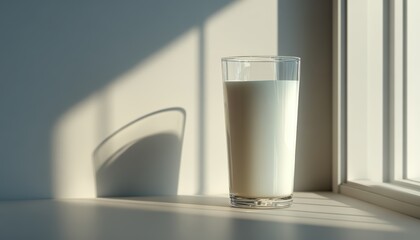 Glass of Milk on Windowsill in Bright Natural Light with Shadow