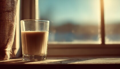 Glass of Creamy Coffee on Windowsill in Warm Morning Light