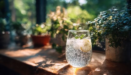 Glass of Sparkling Water with Lemon and Mint on Wooden Table in Sunlit Garden