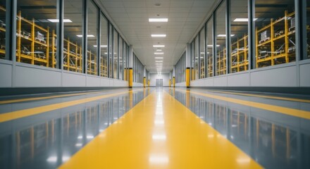 Long, sterile corridor with yellow floor markings and shelving units