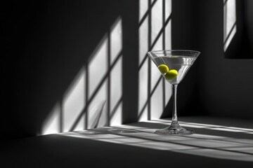 Elegant Martini Glass with Green Olives on White Surface in Dramatic Shadowed Lighting