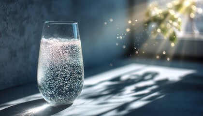 Sparkling Glass of Carbonated Water on White Surface in Bright Natural Light