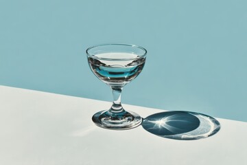 Elegant Glass Cocktail Dish Filled with Clear Water on White Surface with Blue Background