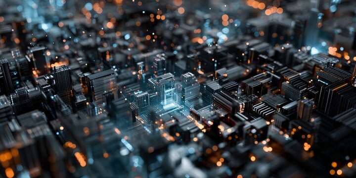 Computer generated image of a city with many buildings and lights