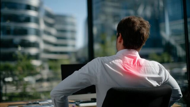 Wide perspective of office worker hunched over desk, red highlighted spine indicating upper and lower back stress, chair and desk visible, daylight filtering in