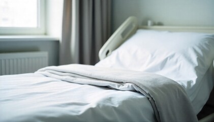 Empty, inviting hospital bed with natural light and a focus on clean, comforting textiles. An empty hospital bed, bathed in soft, natural light streaming from a window. The bed is perfectly made with