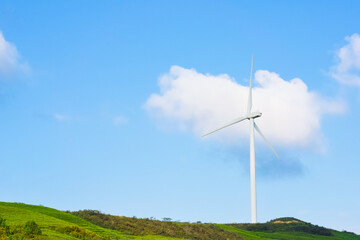 Beautiful landscape of wind turbines on Baiyan mountain during autumn season at Hengxi county, Yinzhou District, Ningbo city, Zhejiang province, China