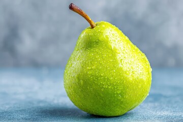 Fresh Green Pear Covered in Water Droplets on Blue Surface