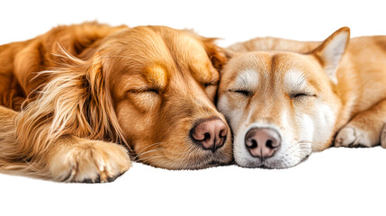 Naklejka na ściany i meble transparent background, isolated image. Two adorable dogs sleeping peacefully side by side, showcasing their soft fur and serene expressions in a cozy and heartwarming scene