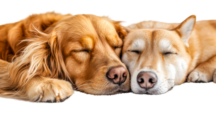 transparent background, isolated image. Two adorable dogs sleeping peacefully side by side, showcasing their soft fur and serene expressions in a cozy and heartwarming scene