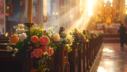 Fototapeta premium Church Interior with Flowers and Sunlight.