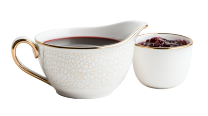 transparent background, isolated image. Elegant porcelain gravy boat filled with rich sauce alongside a small bowl of berry jam, showcasing fine dining presentation and culinary artistry