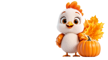 transparent background, isolated image. Cute cartoon bird character with vibrant feathers, smiling joyfully beside a pumpkin and autumn leaves, perfect for seasonal themes and children's illustrations