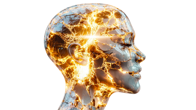 transparent background, isolated image. Futuristic human head sculpture with glowing neural connections, showcasing advanced technology and digital innovation in a captivating artistic representation