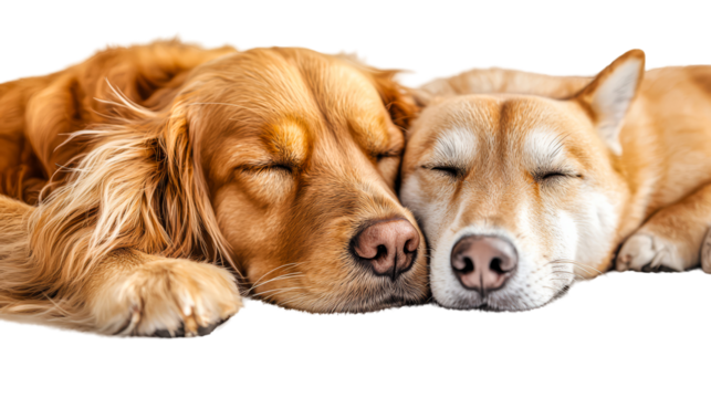 transparent background, isolated image. Two adorable dogs sleeping peacefully side by side, showcasing their soft fur and serene expressions in a cozy and heartwarming scene
