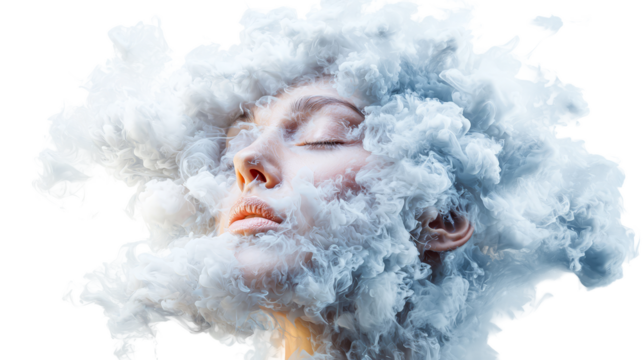transparent background, isolated image. Ethereal woman with closed eyes surrounded by swirling clouds of smoke, creating a dreamlike atmosphere and conveying tranquility and introspection