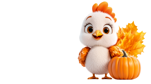 transparent background, isolated image. Cute cartoon bird character with vibrant feathers, smiling joyfully beside a pumpkin and autumn leaves, perfect for seasonal themes and children's illustrations