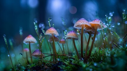 Delicate Mushrooms in a Mystical Forest with Dewdrops Illuminated by Soft Light in an Enchanted Atmosphere in a Lush Green Setting