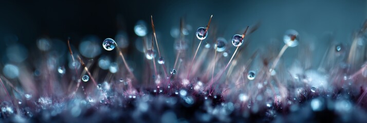 Close up of a field of grass with water droplets on it
