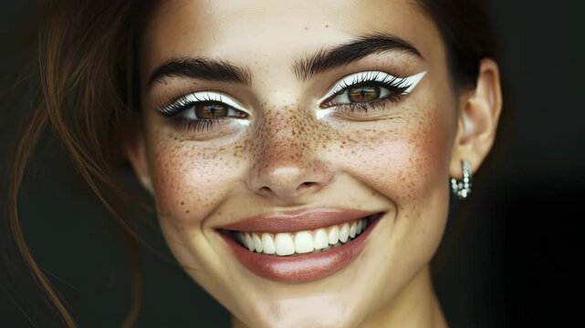 Beauty video of beautiful woman with soft natural skin and white eye line makeup on black background.Zoom out slow motion.AI Generative.