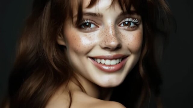 Beauty video of beautiful woman with soft natural skin and white eye line makeup on black background.Zoom out slow motion.AI Generative.