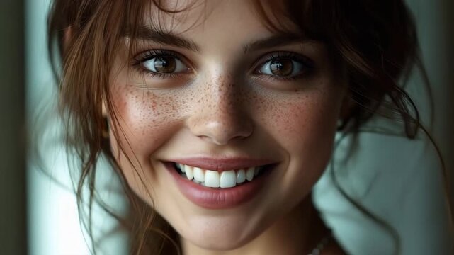 Beauty video of beautiful woman with soft natural skin and white eye line makeup on black background.Zoom out slow motion.AI Generative.