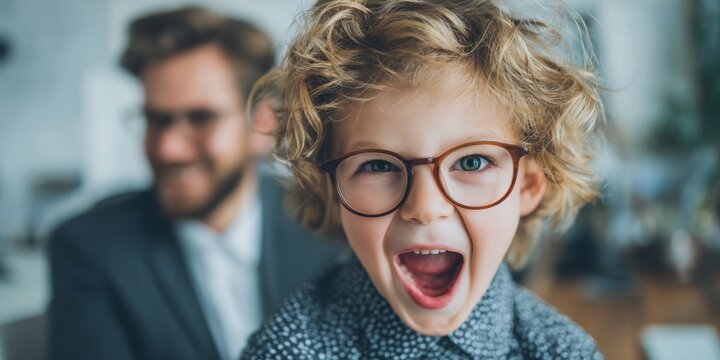 Young boy wearing glasses is smiling and laughing