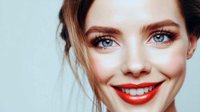 Slow motion video of smiling beautiful young woman model with natural makeup and perfect skin.Slow motion zoom out.AI Generative.
