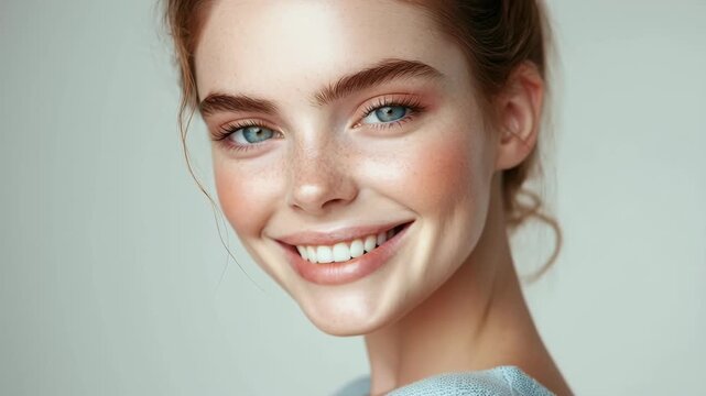 Slow motion video of smiling beautiful young woman model with natural makeup and perfect skin.Slow motion zoom out.AI Generative.