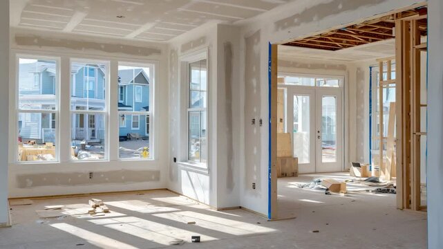 Wide-angle view of residential living room under construction, smooth drywall walls surrounding empty open space