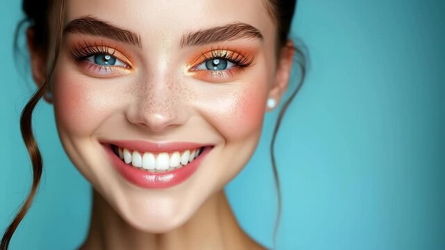 Studio beauty video of beautiful woman model with shiny smile makeup and perfect skin on blue background.Slow motion zoom out.AI Generative.