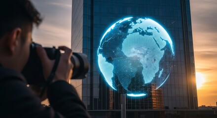 Photographer Capturing Global Technology Display on Modern Skyscraper Facade