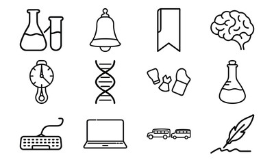 Education and science outline icon set with brain, DNA, laboratory flask, laptop, stopwatch, school bus, quill pen, and bell symbol isolated on white background