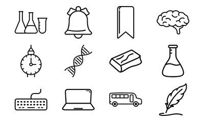 Education and science outline icon set with brain, DNA, laboratory flask, laptop, stopwatch, school bus, quill pen, and bell symbol isolated on white background