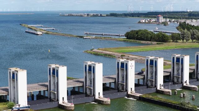 Lelystad, Flevoland, the Netherlands -1st of October 2025:  The Houtrib Locks and the N307 in Lelystad from the air