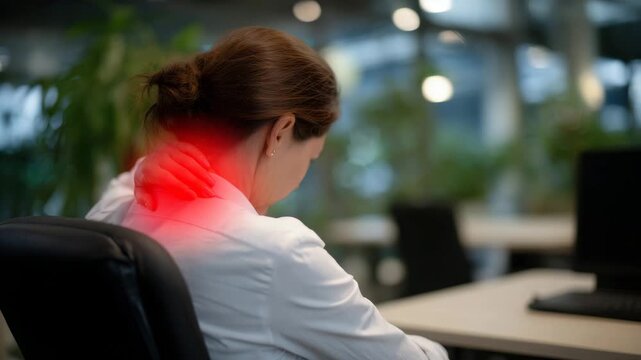Woman slouched in office chair, head forward, red spine overlay indicating neck and back stress, ergonomic chair and office desk in soft focus