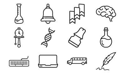 Education and science outline icon set with brain, DNA, laboratory flask, laptop, stopwatch, school bus, quill pen, and bell symbol isolated on white background