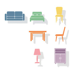 Colorful furniture assortment: A collection of simple, colorful furniture illustrations, including a sofa, bed, chair, table, lamp, and cabinet.