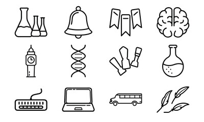 Education and science outline icon set with brain, DNA, laboratory flask, laptop, stopwatch, school bus, quill pen, and bell symbol isolated on white background