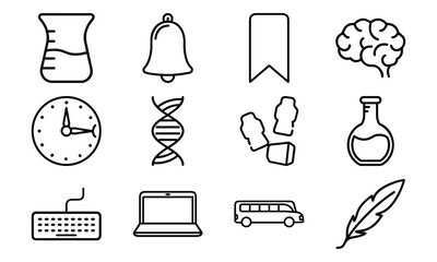 Education and science outline icon set with brain, DNA, laboratory flask, laptop, stopwatch, school bus, quill pen, and bell symbol isolated on white background
