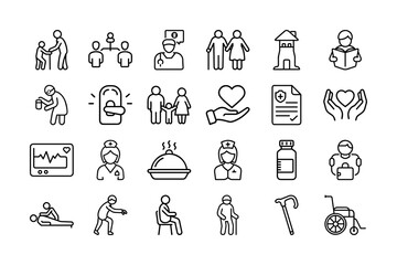 Elderly Care Icon Set. Healthcare, Senior Assistance, Elderly Support, Nursing, Medication, and More. Editable Stroke. Vector Illustration."