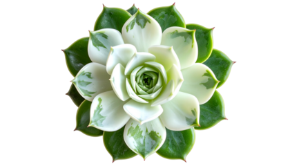 Overhead shot of a vibrant succulent with layered green and white leaves against black