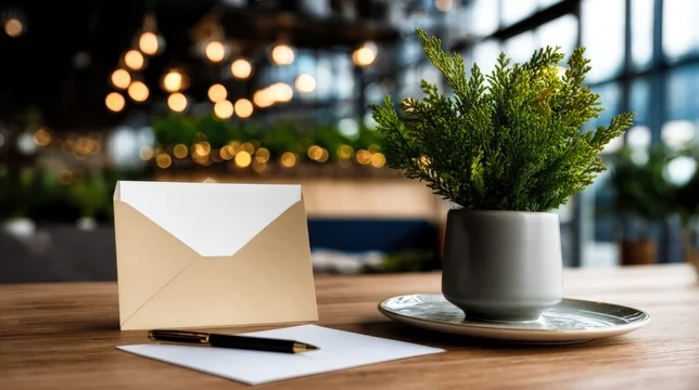 Modern workspace with Christmas newsletter and glowing lights