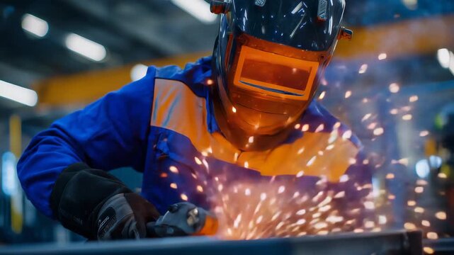 Worker in full protective gear welding metal beams, sparks flying, visor reflecting blue light, close-up perspective emphasizing safety equipment